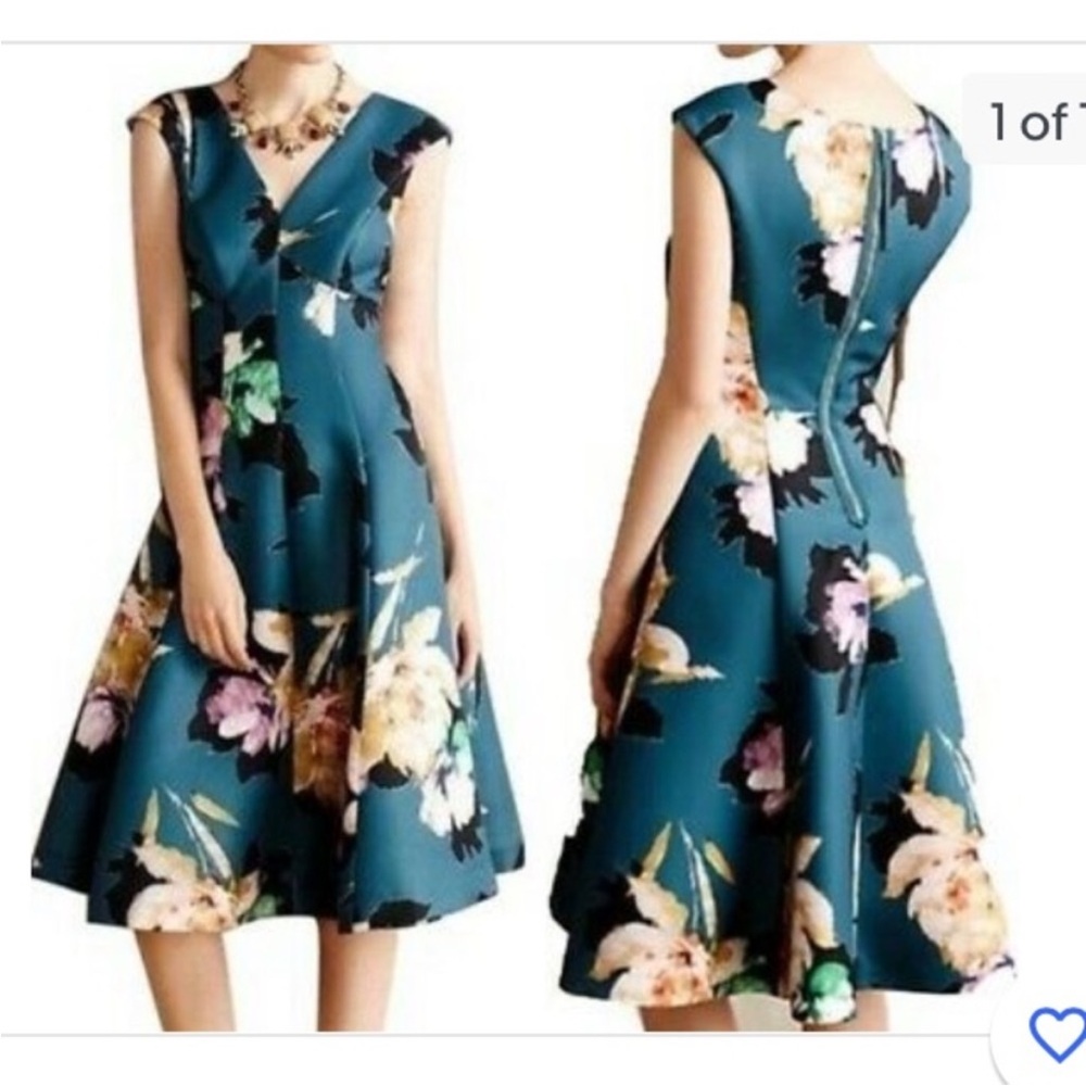 Anthropologie Moulinette Soeurs Baikal Teal Floral Tea Length Fit & Flare Size 2 - Picture 5 of 14